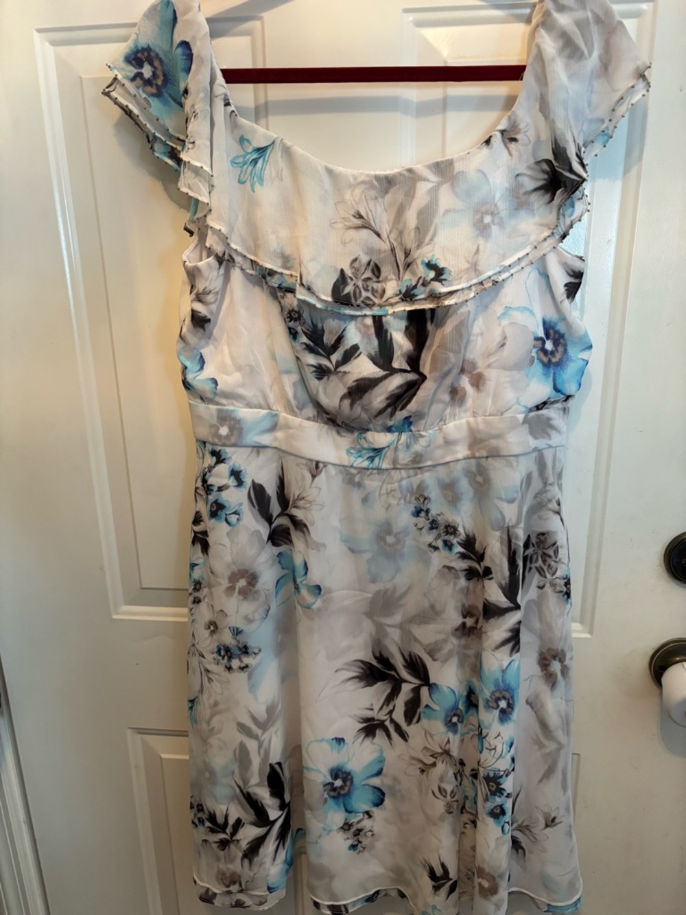 White House Black Market White Floral Midi Dress with Blue Accents
